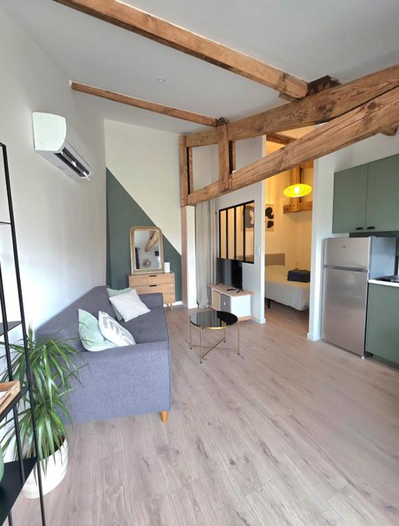 a living room with a couch and a kitchen at Logement neuf tout équipé, climatisé, terrasse au calme, VELOS, barbecue, proche du bourg et des plages océanes, wifi, linge et ménage compris in Mimizan