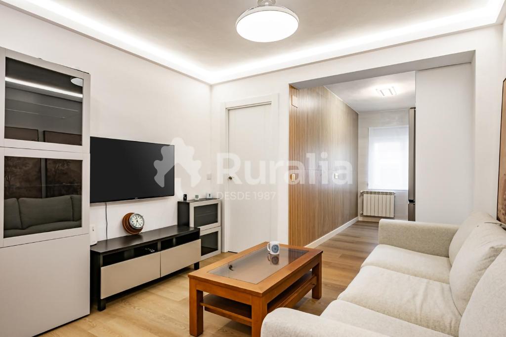a living room with a couch and a tv at QUINTA PORTIELLO Ribadesella in Ribadesella