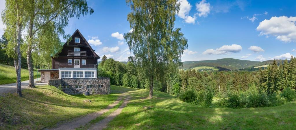 a house on a hill with a tree at Aparthotel Panorama in Deštné v Orlických horách