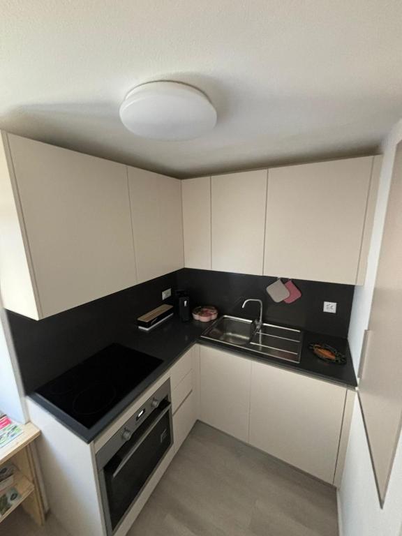 a small kitchen with white cabinets and a sink at J&D Comfort Apartment in Cresciano