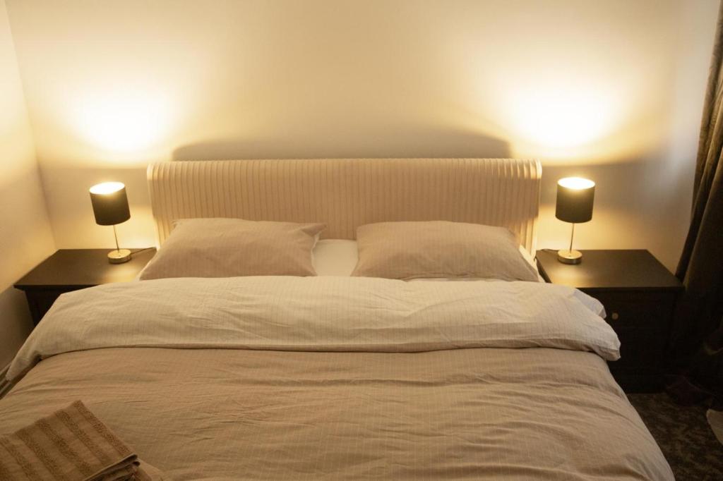 a bedroom with a large bed with two lamps at Tina Home in Cluj-Napoca