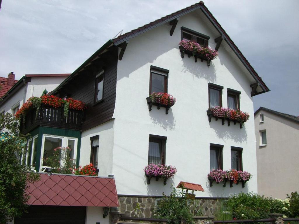 a white house with flower boxes on its windows at Apartment Siegmund by Interhome in Waltershausen