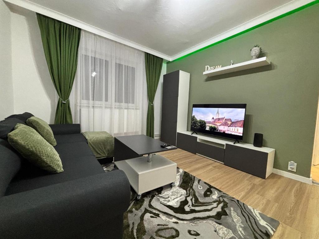 a living room with a couch and a flat screen tv at Cozy green apartament in Mediaş