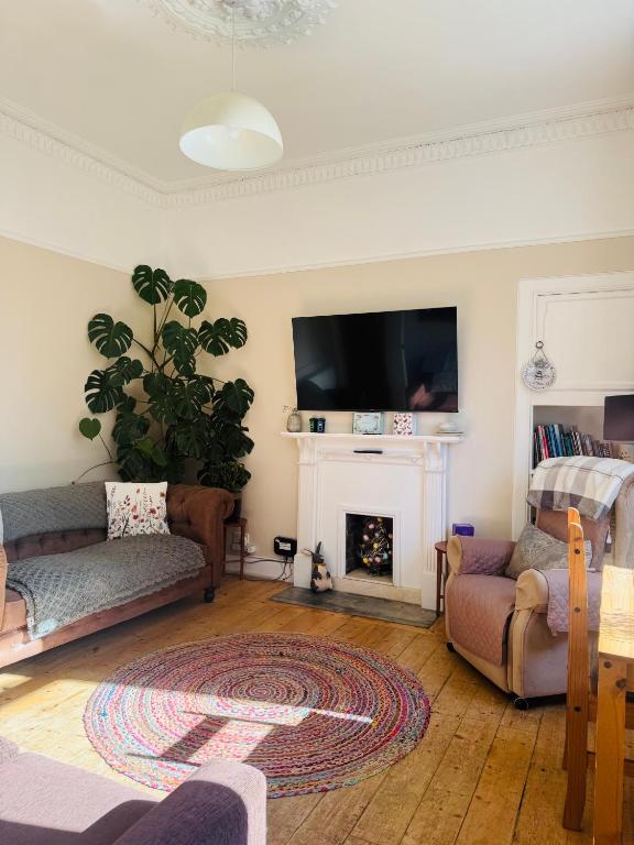 a living room with a fireplace and a flat screen tv at A Wee Cottage In Dunfermline in Dunfermline