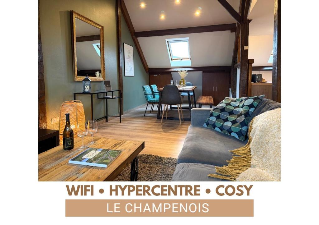 a living room with a couch and a table at LE CHAMPENOIS-Appartement central près de l' Avenue de Champagne in Épernay