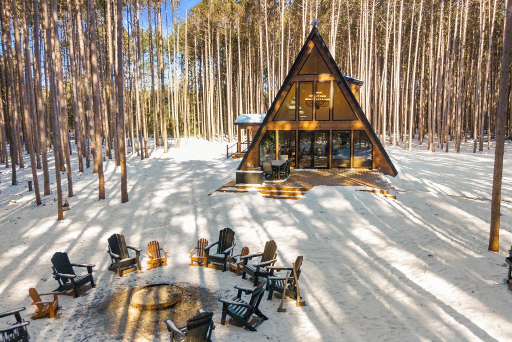 a cabin in the woods in the snow at The Dream House Retreat in Necedah