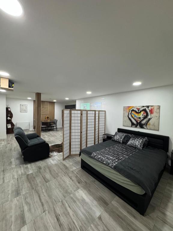 a bedroom with a large bed and a chair at La Suite Mirebalaise in Poitiers
