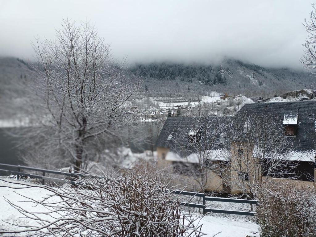 a house covered in snow in front of a mountain at Maison dans un chalet en bordure de lac in Loudenvielle