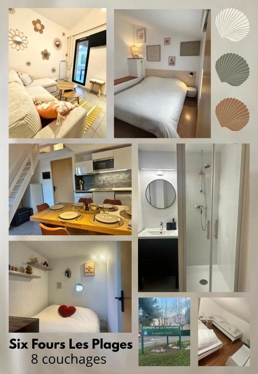 a collage of different pictures of a hotel room at Appartement 3 chambres - 8 couchages in Six-Fours-les-Plages