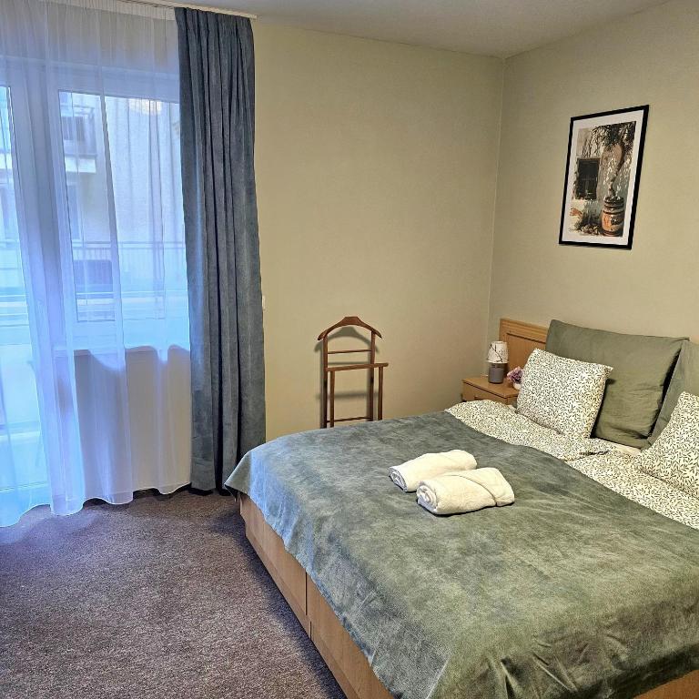 a bedroom with a bed with a chair and a window at Karos Kristály Apartman in Zalakaros