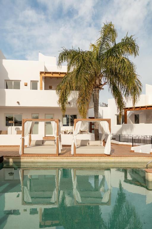 a villa with a palm tree next to a swimming pool at Siete Villas Olivencia Natural in Agua Amarga