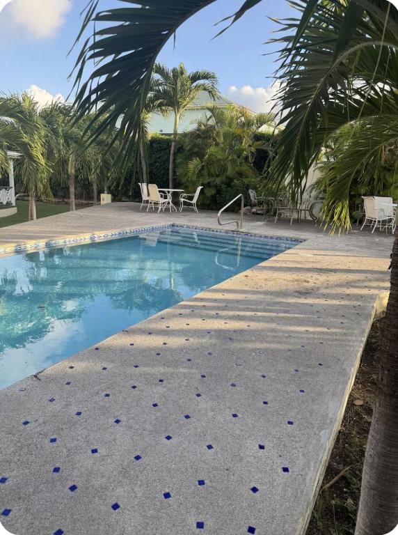 a swimming pool at a resort with palm trees at The Palms apt 1 in Cedar Grove
