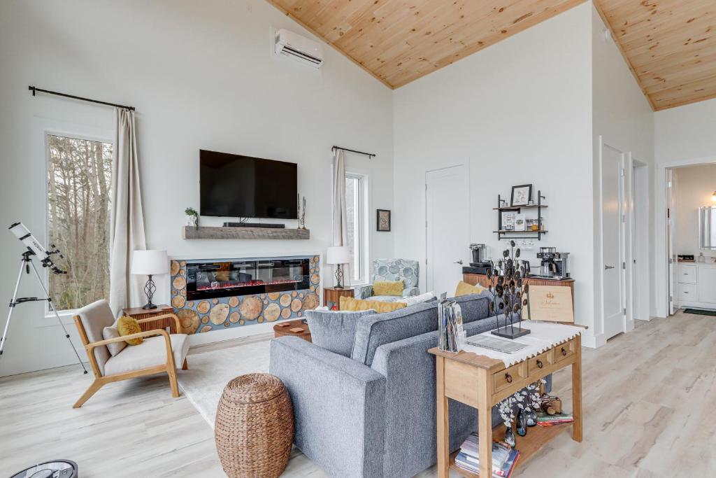 a living room with a couch and a fireplace at Mtn-View 'Hidden Falls' Cabin w/ Hot Tub & Deck in Andrews