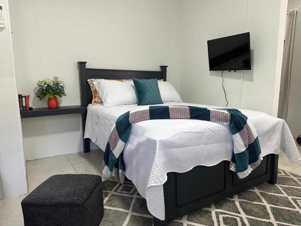 a bedroom with a bed and a tv on a wall at Villa Nola Tres in Port-of-Spain