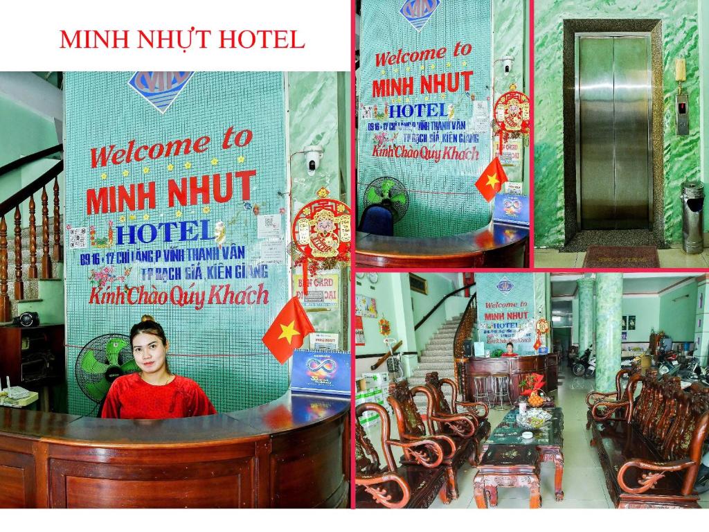 a collage of photos of a restaurant with a woman at Khách Sạn Minh Nhựt in Rạch Giá