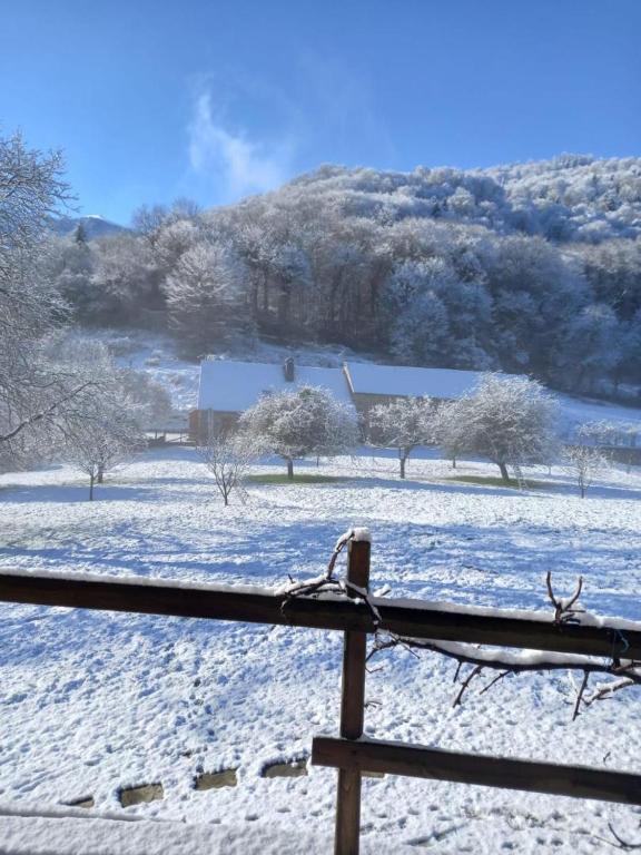 a snow covered field with trees and a fence at Le castillon in Marignac