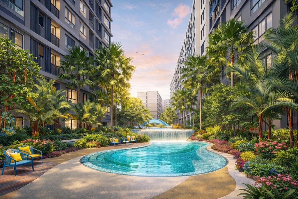 an artist rendering of a swimming pool with a fountain in front of buildings at Work & Travel in Kathu