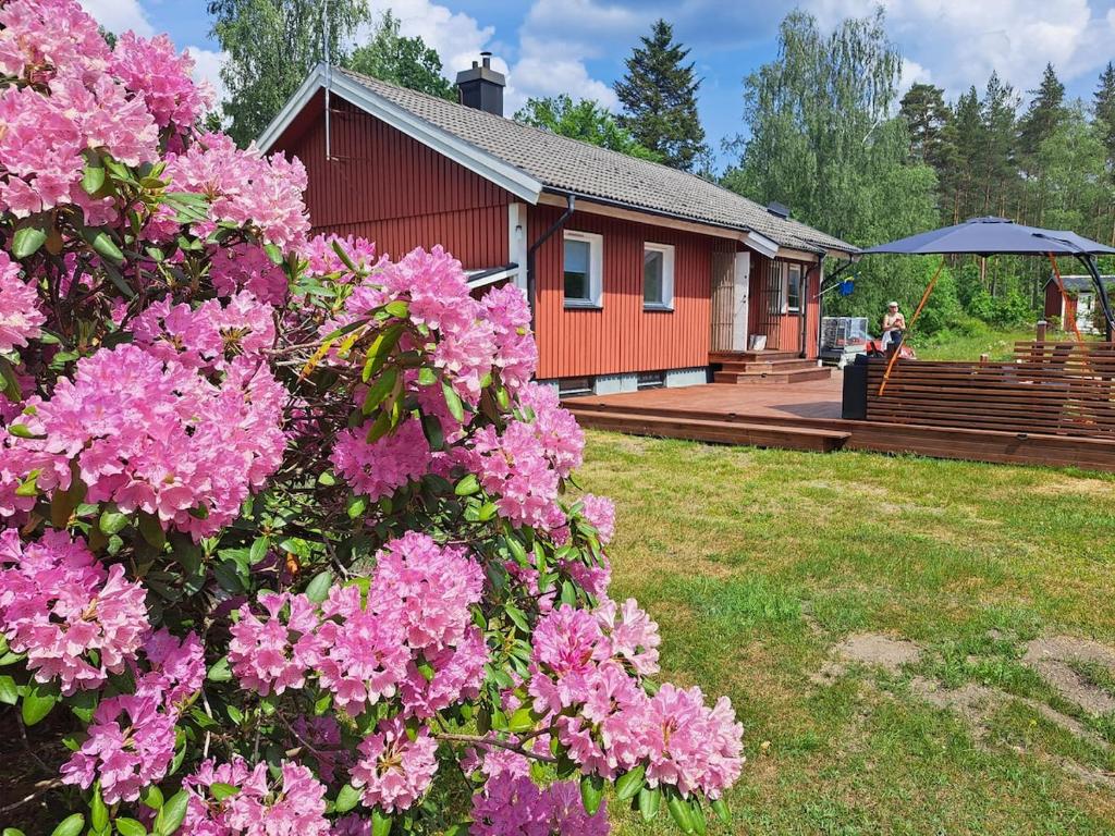 a house with pink flowers in front of it at Chilla villa in Leryd