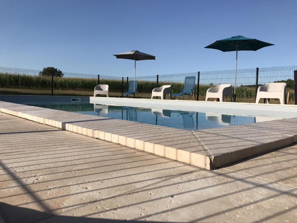 a swimming pool with chairs and umbrellas at Le chant du jau in Beaumont