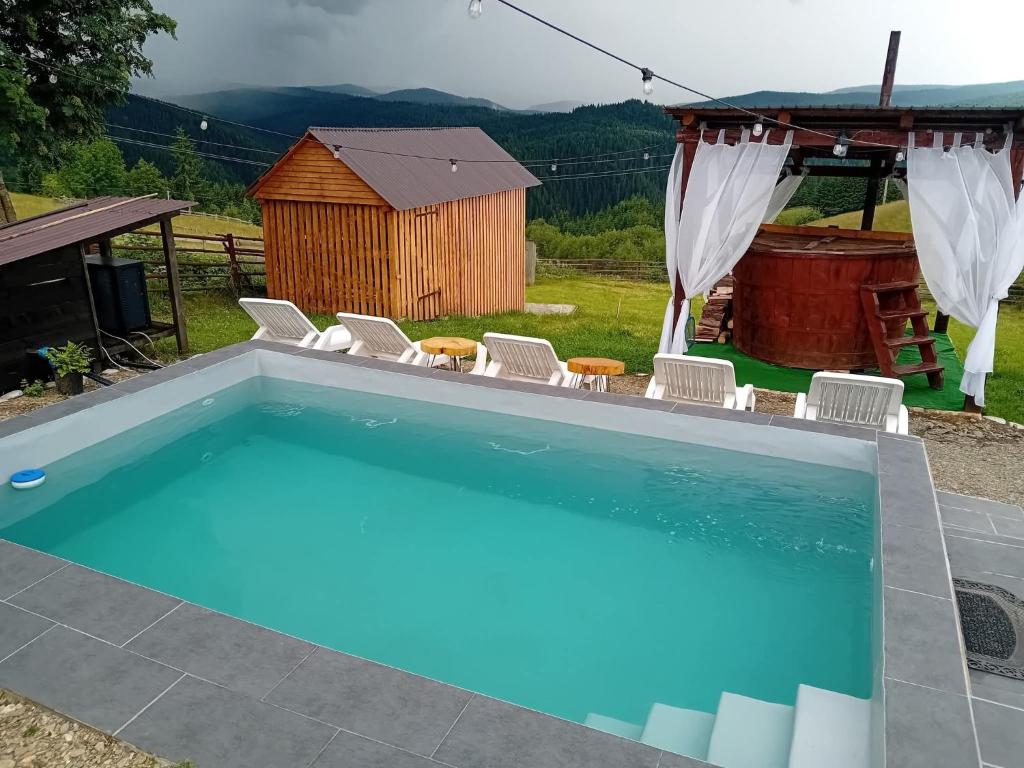 a large swimming pool with chairs and a house at Cabana Maguri in Măguri