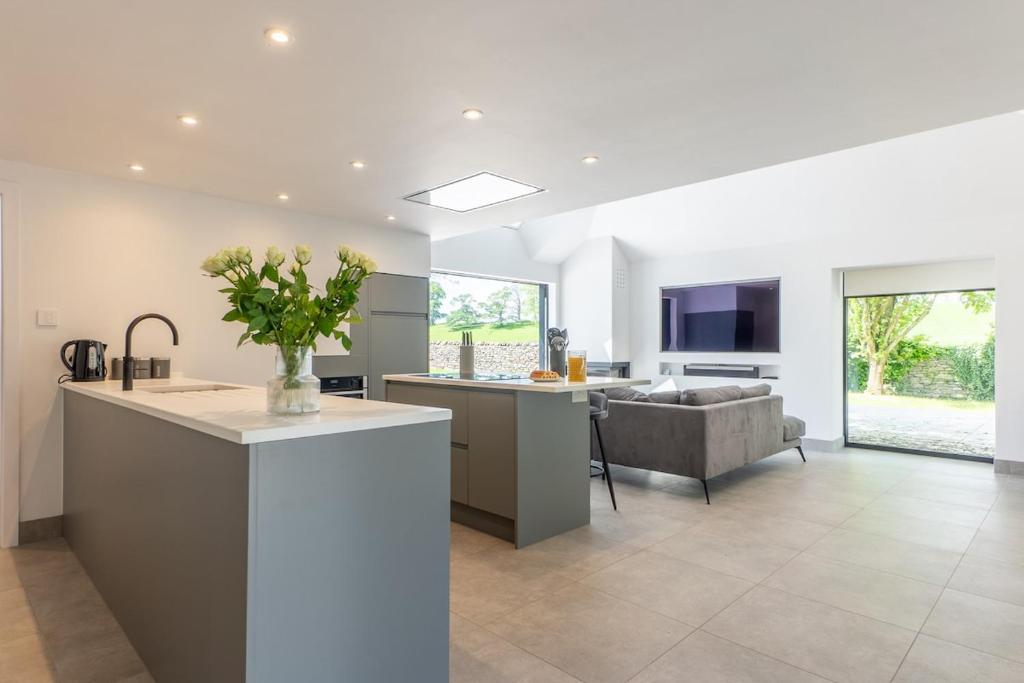 an open kitchen and living room with a couch at The Studio at Cherry Tree in Natland