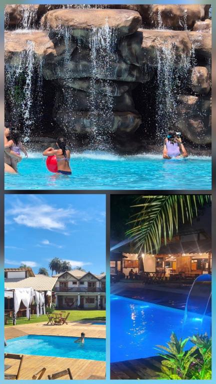 a collage of three pictures of a waterfall and a pool at Pousada Real Cipo in Serra do Cipo