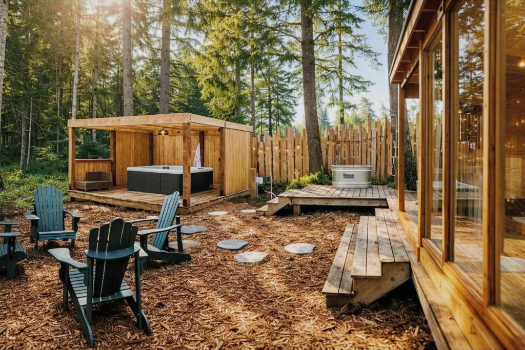 a backyard with a cabin with a hot tub and chairs at Quadra Island Mist in Quathiaski Cove