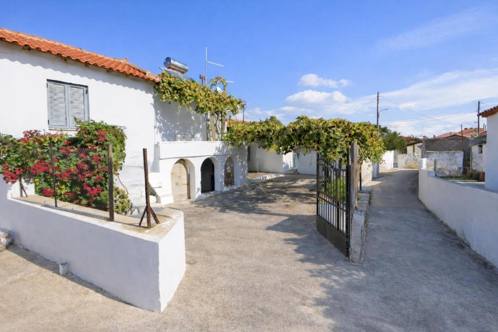 an alley with white buildings and flowers in a town at Nona's House in Romanu
