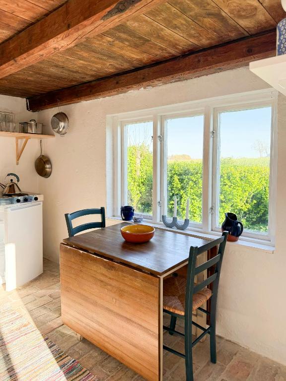 a kitchen with a wooden table with chairs and windows at Rural Guest House Between Simrishamn And Skillinge in Simrishamn