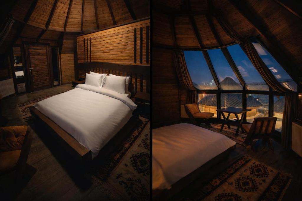two pictures of a bedroom with a bed and a window at Snow Dreams Bungalow Hotel in Türkmenoğlu
