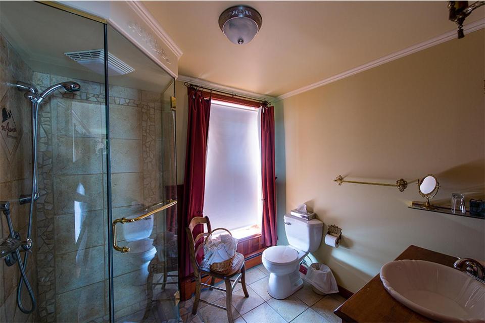 La salle de bains est pourvue d'une douche, de toilettes et d'une fenêtre. dans l'établissement Auberge Mr James, à Rivière-du-Loup