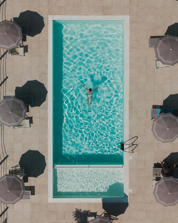 an overhead view of a person swimming in the water at La Matassina Tuscany in Castellina Marittima