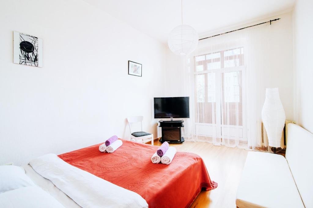 1 dormitorio con 1 cama con manta roja en Economy Apartment Center, en Minsk