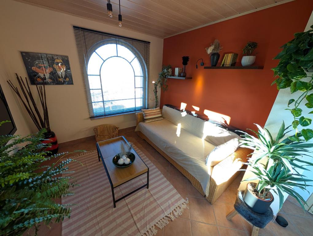 a living room with a couch and a table at Appartement Sonnenschein in Böhl-Iggelheim