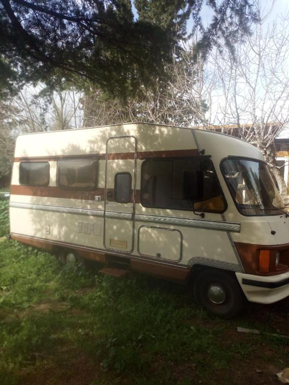 a white van parked in the grass under a tree at Autocaravana in Port Saplaya