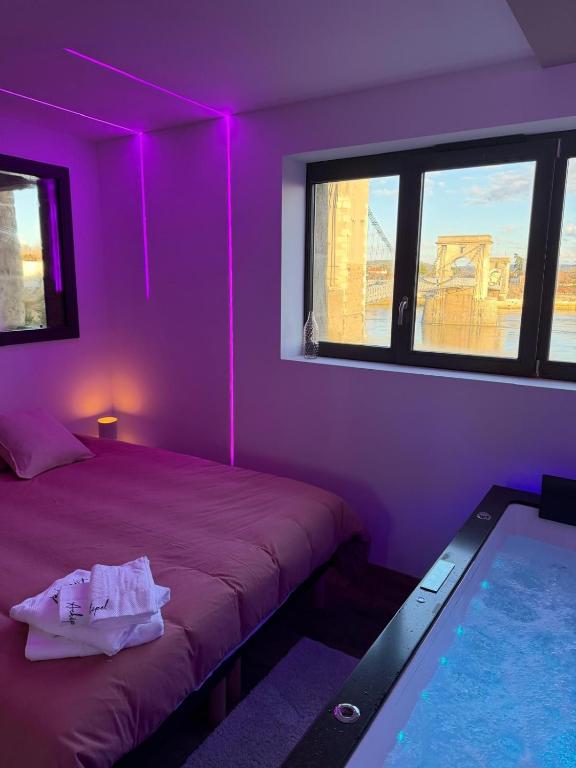 a purple room with two beds and a swimming pool at L'écrin - Studio Cosy et Lumineux in Andance