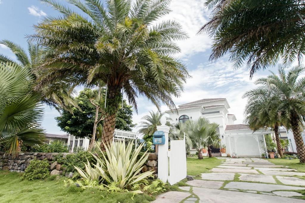 a palm tree in front of a white house at Hasayaki Homestay in Dayi