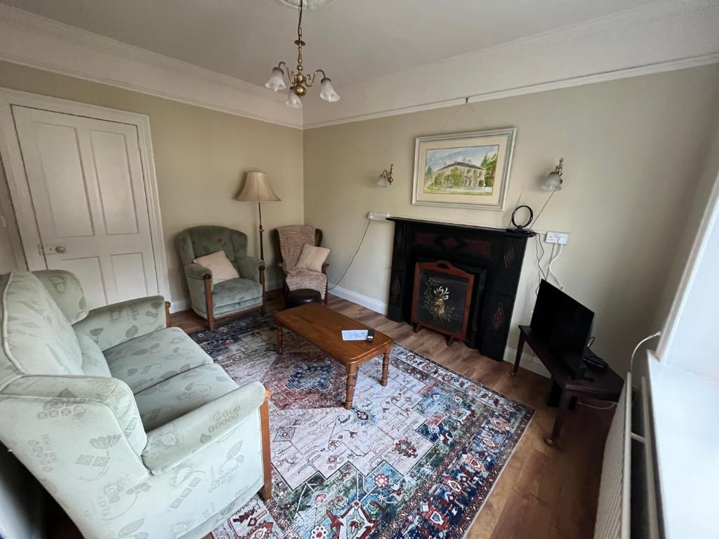 a living room with a couch and a fireplace at Cosy Townhouse 2bedroom in Enniscorthy