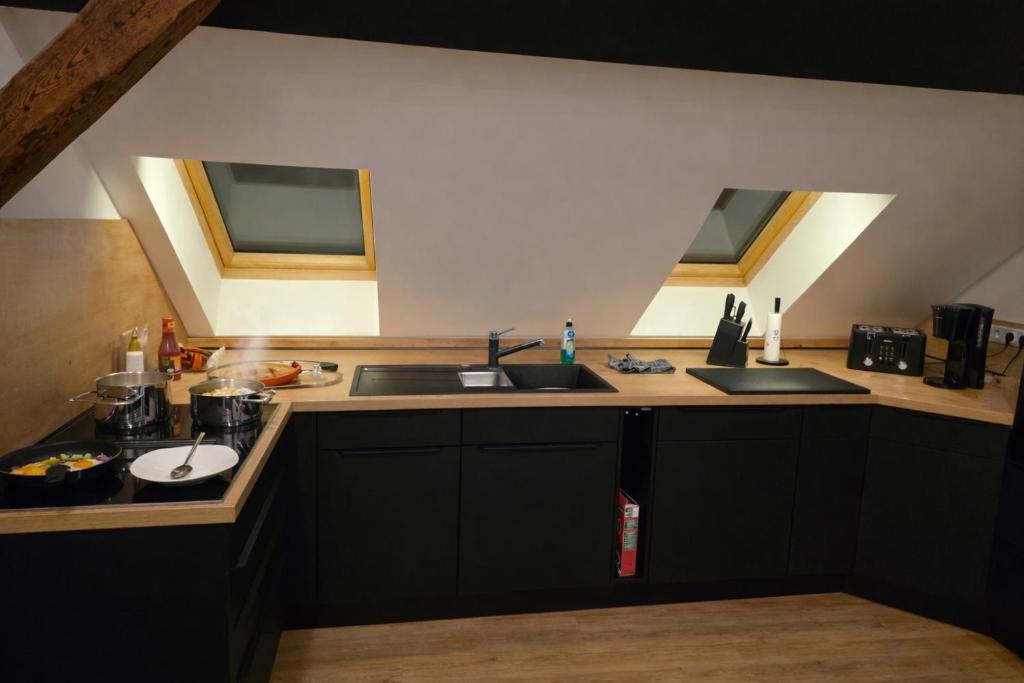 a kitchen with a sink and two windows at Ferienwohnung NR4 DG Klima in Großräschen