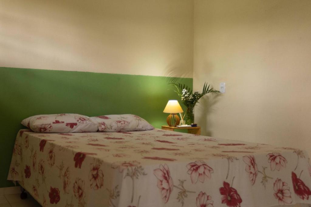 a bedroom with a bed and a green wall at Pousada Mandacaru, próximo a Usina de Arte in Campestre