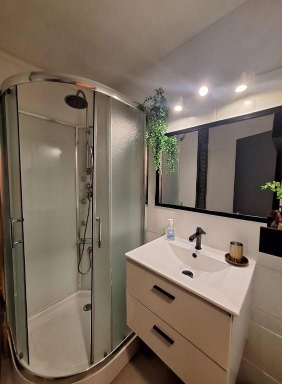 a bathroom with a shower and a sink and a showerspective at Le Maloha in Le Gosier