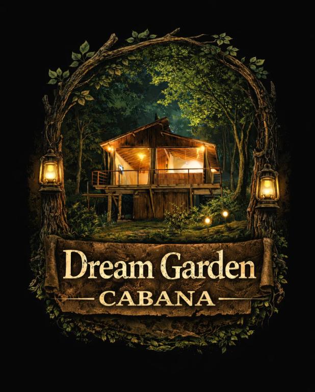 a sign that reads dream garden cabana with a wooden house at Cabana Dream Garden in Nova Friburgo