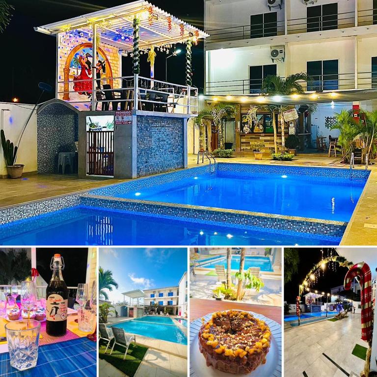 a collage of photos with a swimming pool and a party at Preciosa Suite Familiar para 10 personas con cocina y 3 piscinas in Playas