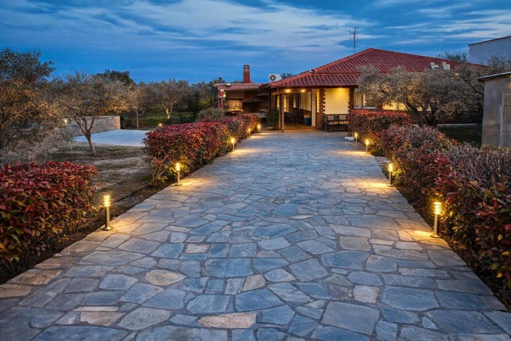 a pathway with lights in front of a house at Narcis House in Thessaloniki