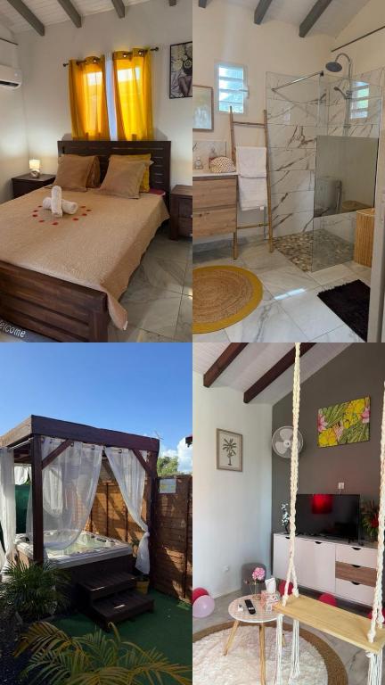 a room with a bed and a room with a swing at Eden hibiscus in Petit-Canal