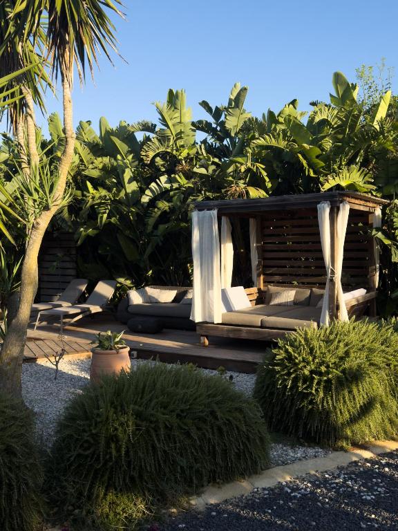 a garden with lounge chairs and palm trees at Casa Armonia in Favignana