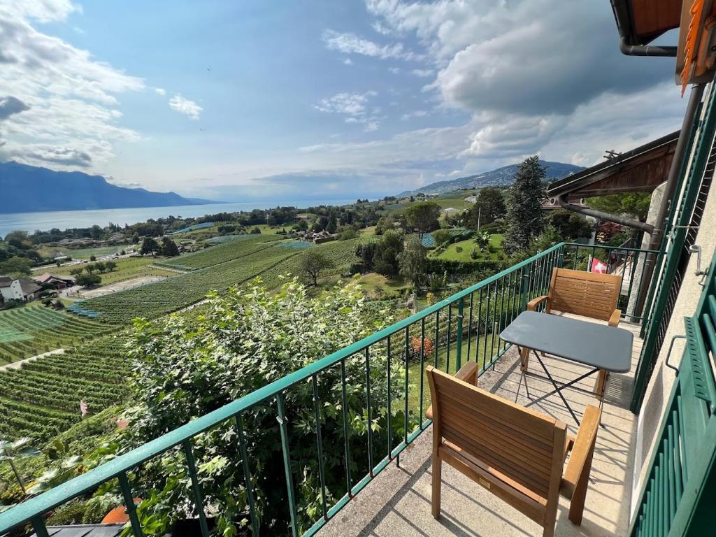 a balcony with a bench and a view of a vineyard at La Vigneronne, Chailly-Montreux in Montreux