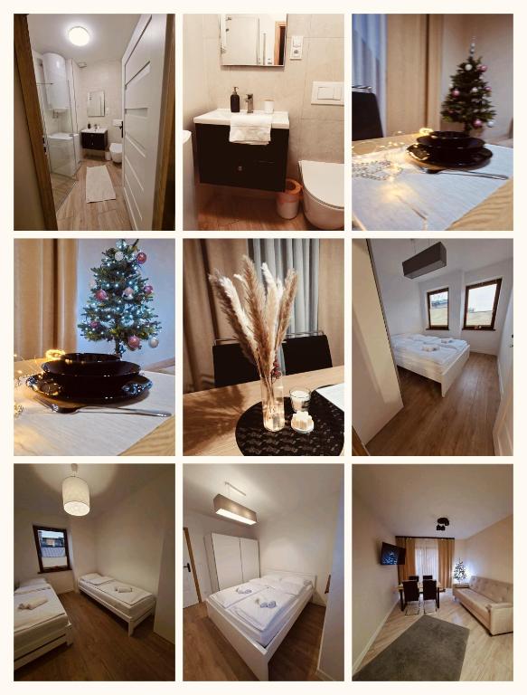 a collage of photos with a christmas tree in a room at Apartament OLIWIA 5 in Nowy Targ