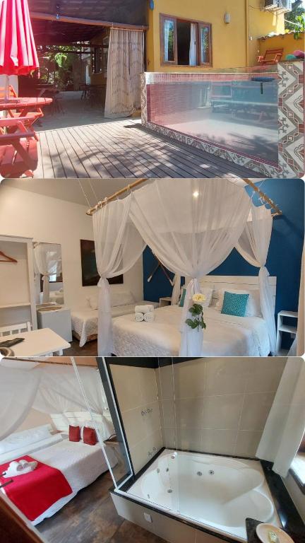 two pictures of a hotel room with a swimming pool at Magias de Paraty Ecopousada in Paraty