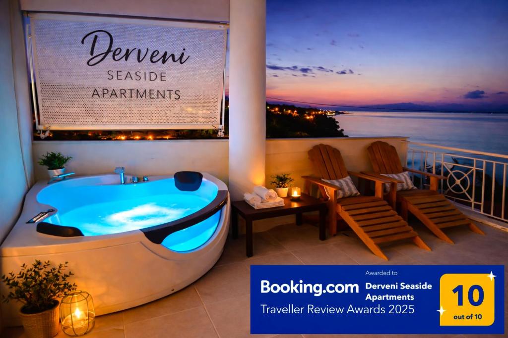 a magazine advertisement for a bathtub on a balcony at Derveni Seaside Apartments - Deluxe Sea View Penthouse Jacuzzi-BBQ & Groundfloor Garden View Apartment in Derveni
